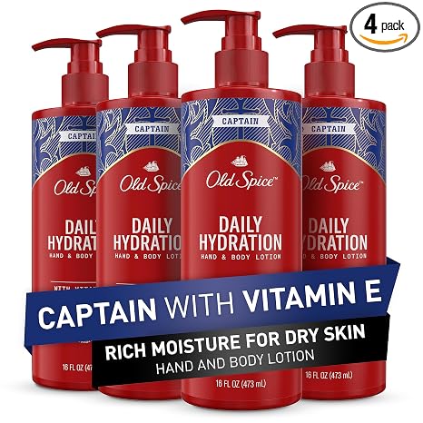 Old Spice Hand & Body Lotion for Men, Daily Hydration, 24/7 Hydration, 24/7 Replenishing Rich Moisture for Dry Skin, Lightweight Formula, Captain with Vitamin E Scent, 16 fl oz (Pack of 4)