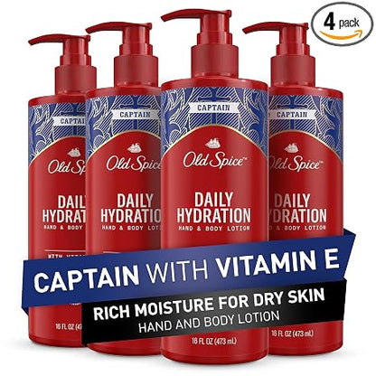 Old Spice Hand & Body Lotion for Men, Daily Hydration, 24/7 Hydration, 24/7 Replenishing Rich Moisture for Dry Skin, Lightweight Formula, Captain with Vitamin E Scent, 16 fl oz (Pack of 4)