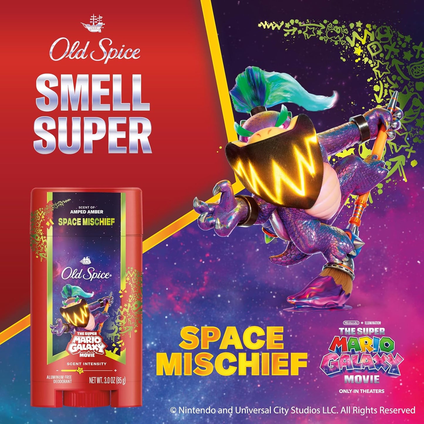 Old Spice Aluminum Free Deodorant for Men, Old Spice x The Super Mario Galaxy Movie, 24/7 Lasting Freshness, Lasting Odor Protection, Smell Super with Space Mischief, Amped Amber Scent, 3.0 oz