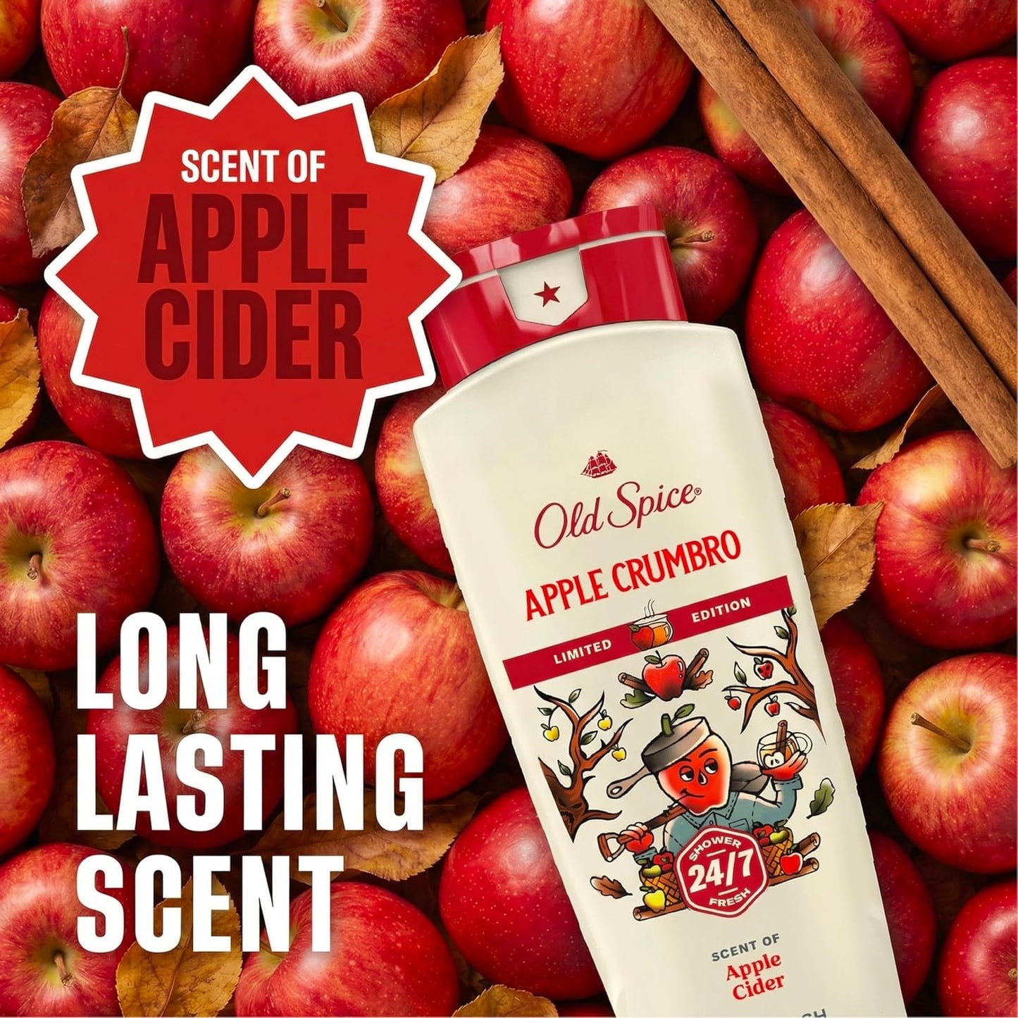 Old Spice Body Wash for Men, Fallidudes Edition, 24/7 Frightful Freshness, Long Lasting Cleanse & Refresh, Apple Crumbro with Apple Cider Scent, 16 oz
