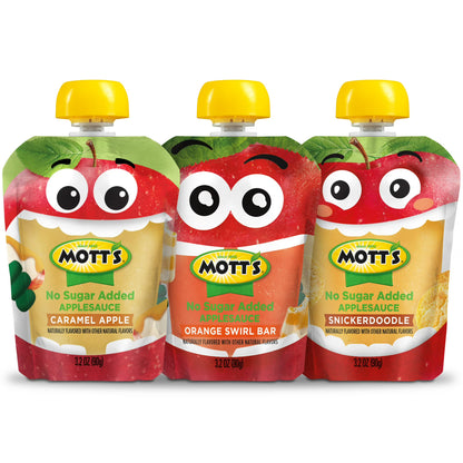Mott’s No Sugar Added Dessert Dreamland Applesauce Variety Pack, 3.2 oz, 12 Count Clear Pouches
