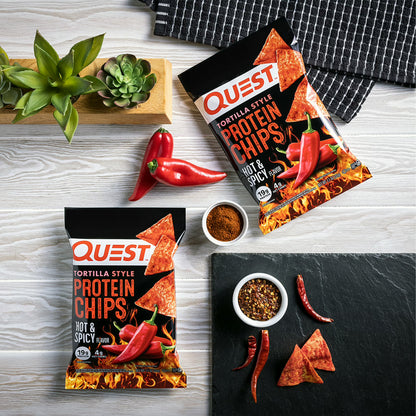 Quest Tortilla Style Protein Chips with 19g of Protein, Hot & Spicy Flavor, 1.1 Oz Bags, 8 Count