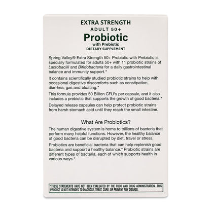 Spring Valley Extra Strength Age 50+ Probiotic with Prebiotic Dietary Supplement Delayed Release Vegetarian Capsules for Digestive Health, 30 Count
