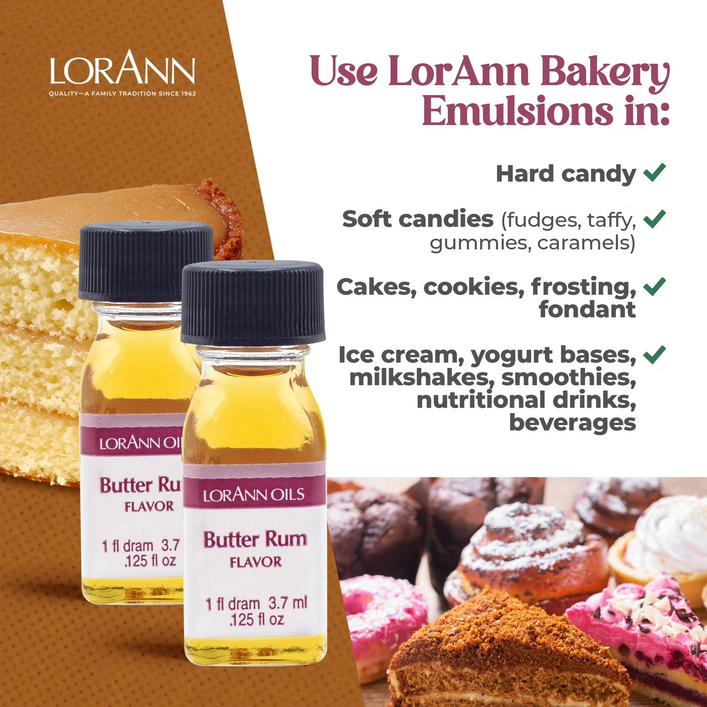 LorAnn Butter Rum Super Strength Flavor - Twin Pack of 1 Dram Bottles (.125 fl oz) - Candy, Confections & Baking