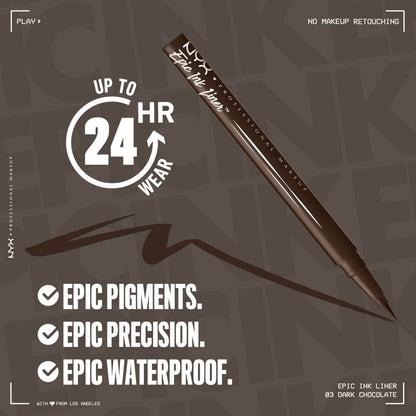 NYX Professional Makeup Epic Ink Liner, Waterproof Liquid Eyeliner, Dark Chocolate, 0.03 fl oz