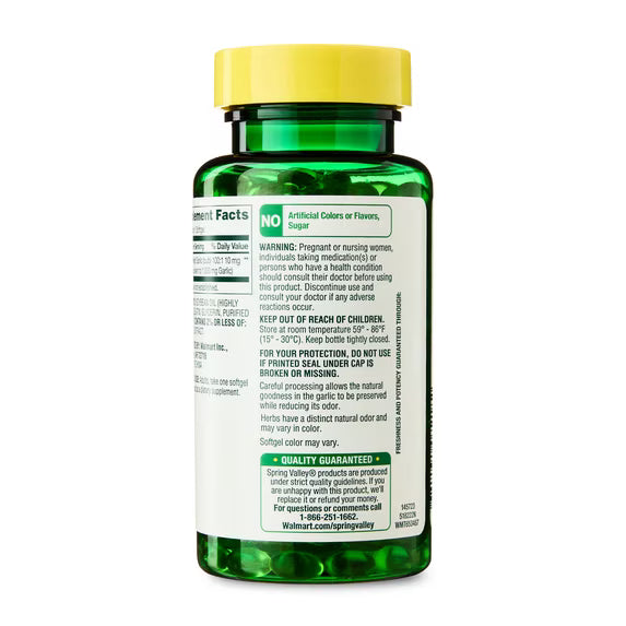 Spring Valley Odor-Controlled Garlic Dietary Supplement Softgels for Heart Health, 1000 mg, 200 Count