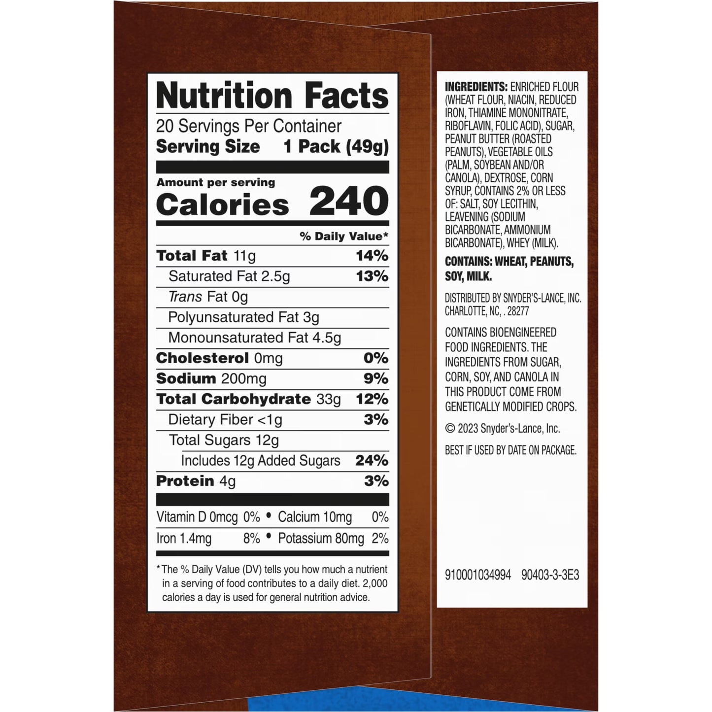 Lance Sandwich Cookies, Nekot Peanut Butter, 20 Individually Wrapped Packs, 6 Sandwiches Each