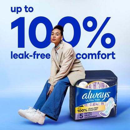 Always Ultra Thin Overnight Pads with Wings, Size 5, Extra Heavy Overnight, 34 Count
