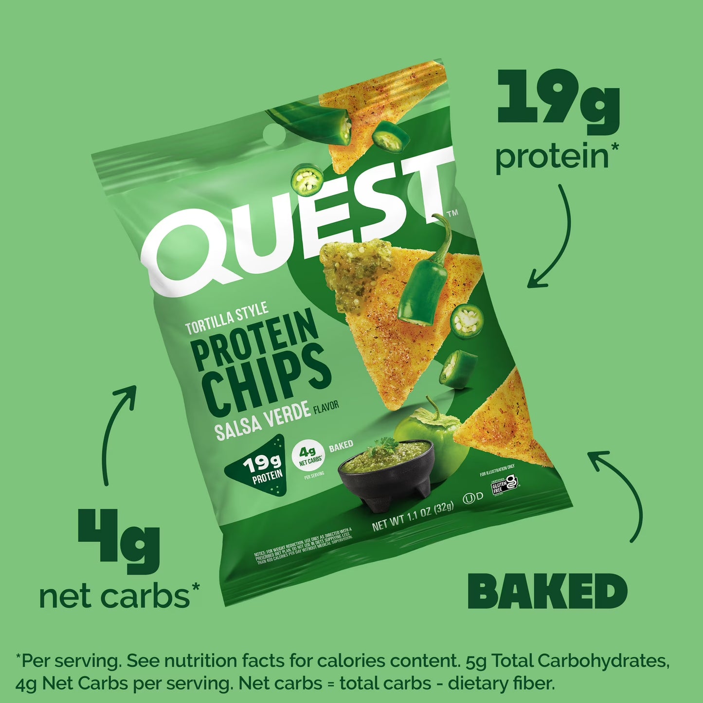 Quest Salsa Verde Flavor Tortilla Style Protein Chips, High Protein, Baked, Gluten Free, 1.1oz Bag, Single