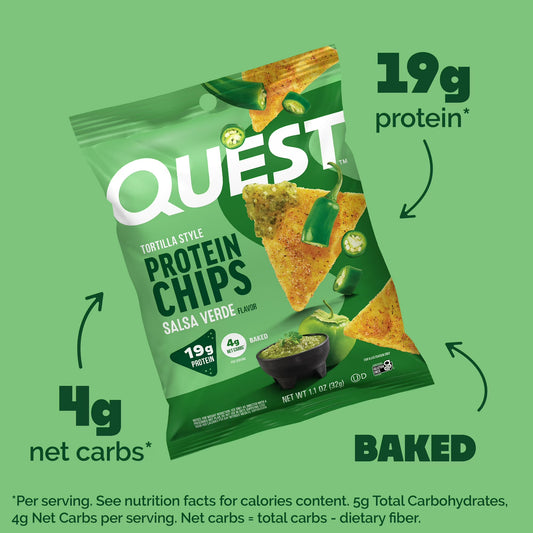 Quest Salsa Verde Flavor Tortilla Style Protein Chips, High Protein, Baked, Gluten Free, 1.1oz Bag, Single