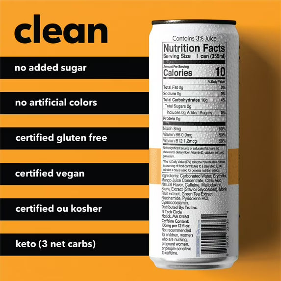 Tru Energy Seltzer, Orange Mango, Green Tea, B Vitamins, Low Calorie, Gluten Free, Vegan, 12 fl oz, 12 Pack