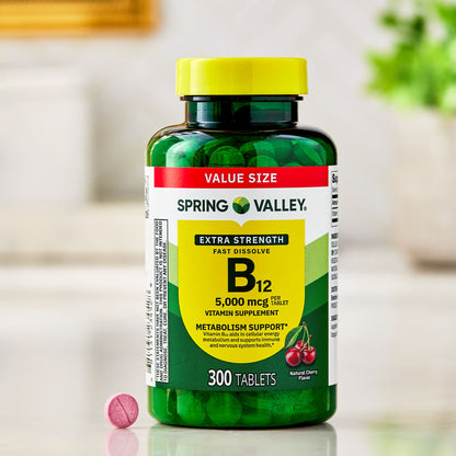 Spring Valley Extra Strength Vitamin B12 Supplement, Cherry, 5000 mcg, 300 Count, Fast Dissolve Tablets for Metabolism Support
