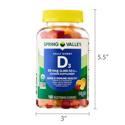 Spring Valley Vitamin D3 Gummies, 50 mcg, 160 Count, Supplement for Bone and Immune Health, Assorted Fruit