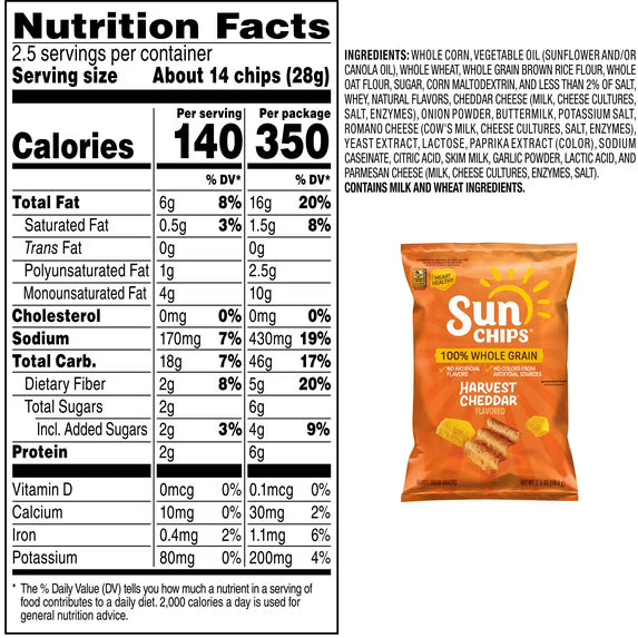 SunChips 100% Whole Grain Harvest Cheddar Snack Chips Bag, 2.25 oz