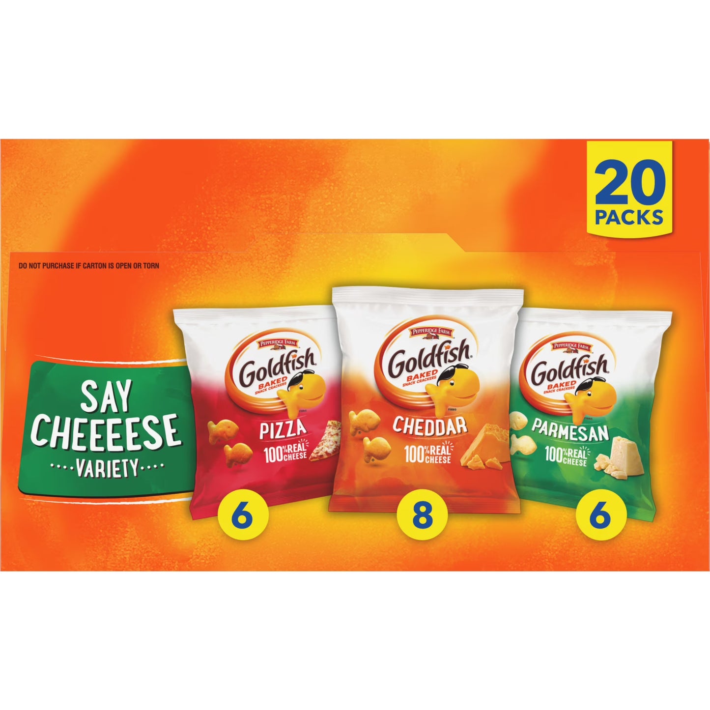 Goldfish Crackers Say Cheeeese Variety Pack with Cheddar, Pizza and Parmesan, Snack Packs, 20 Count