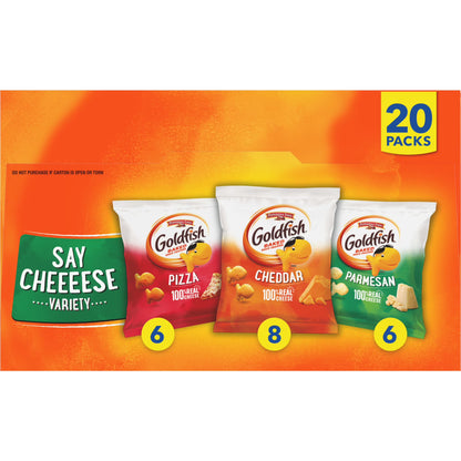 Goldfish Crackers Say Cheeeese Variety Pack with Cheddar, Pizza and Parmesan, Snack Packs, 20 Count