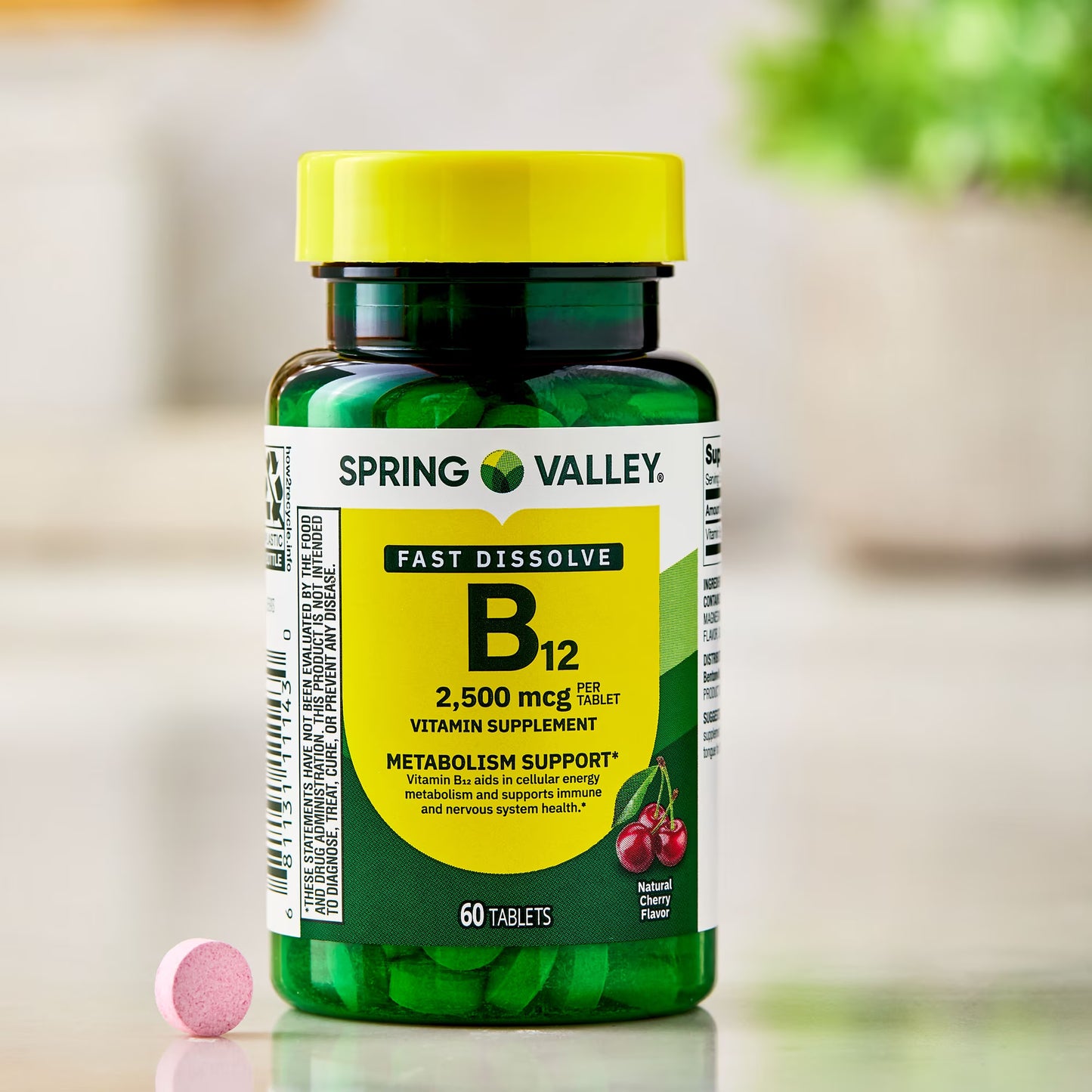 Spring Valley Vitamin B12 Quick-Dissolve Tablets Dietary Supplement, 2,500 Mcg, Cherry, 60 Count