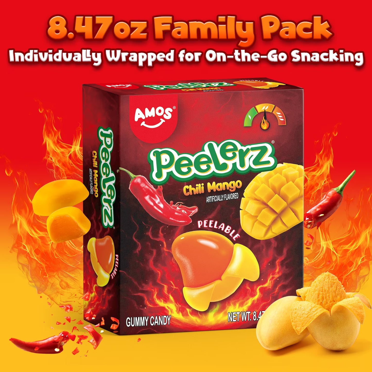 Amos Peelerz Chili Mango Gummy Candy, Mexican Candy Spicy Peelable Candy Bulk, 8.47 oz (1 Pack)
