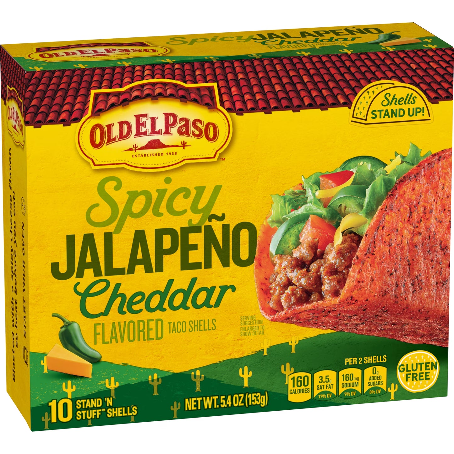 (3 pack) Old El Paso Spicy Jalapeno Cheddar Flavored Stand 'N Stuff Taco Shells, 10 Count, 5.4 oz