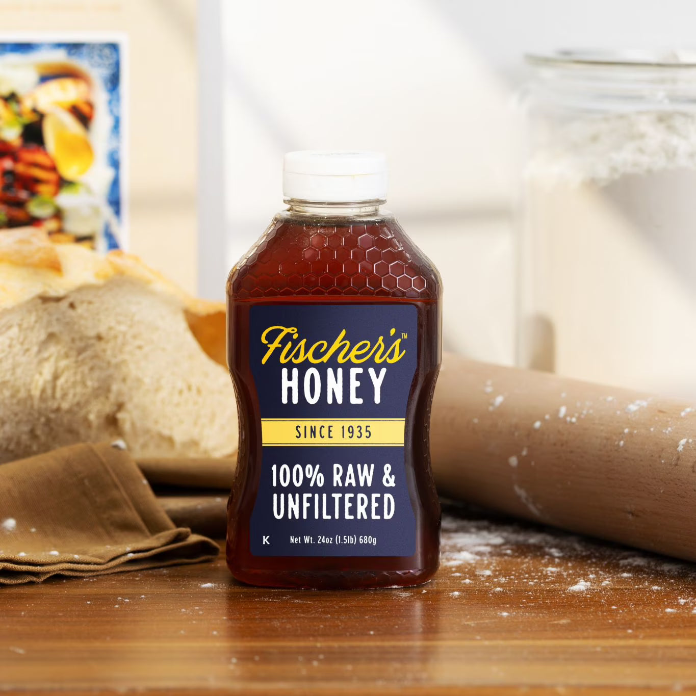 Fischers Honey, 24oz Raw and Unfiltered, Premium, Pure, Squeeze Bottle