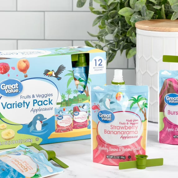Great Value Fruits and Veggies Variety Pack Applesauce, 3.2 oz, 12 Pouches