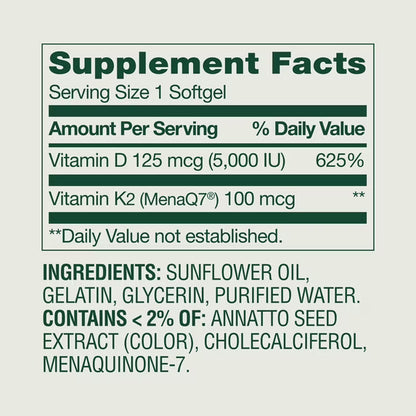 Spring Valley D3 125 mcg + K2 (100 mcg) for Bone Health Softgels, 120 Count