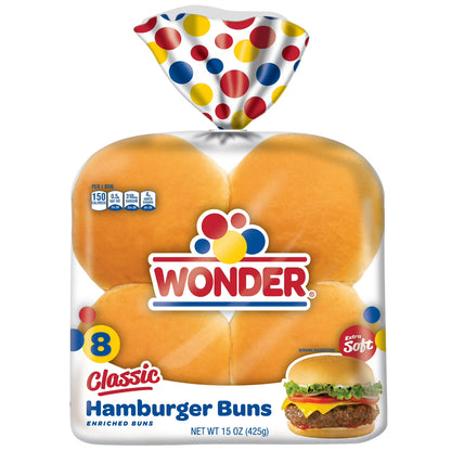Wonder Bread Classic Extra Soft White Bread Hamburger Buns, 15 oz, 8 Ct, Shelf-Stable