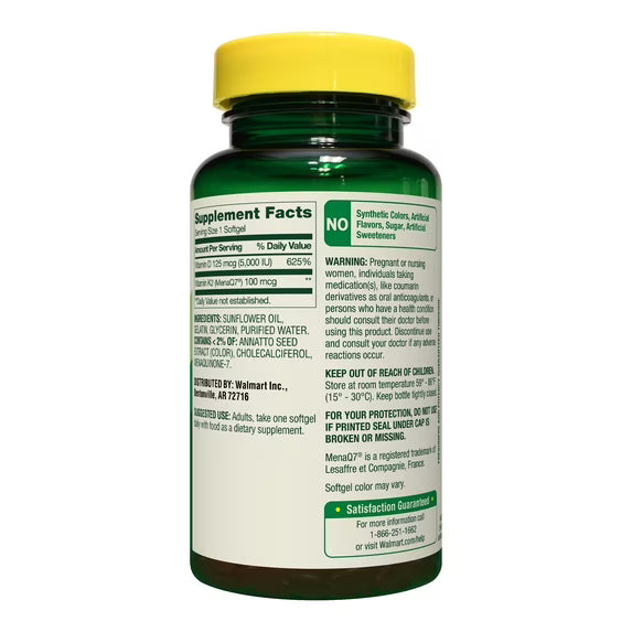 Spring Valley D3 125 mcg + K2 (100 mcg) for Bone Health Softgels, 120 Count