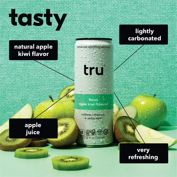 Tru Focus Seltzer, Sparkling Water, Green Tea Extract, Yerba Mate, Apple Kiwi Juice, Sugar-Free, 12 Pack