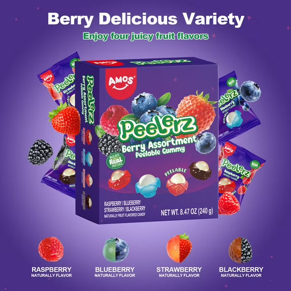 Amos Peelerz Variety Candy Packs, Berry Mixed Peelable Gummy Assortment 8.47oz (1 Pack)