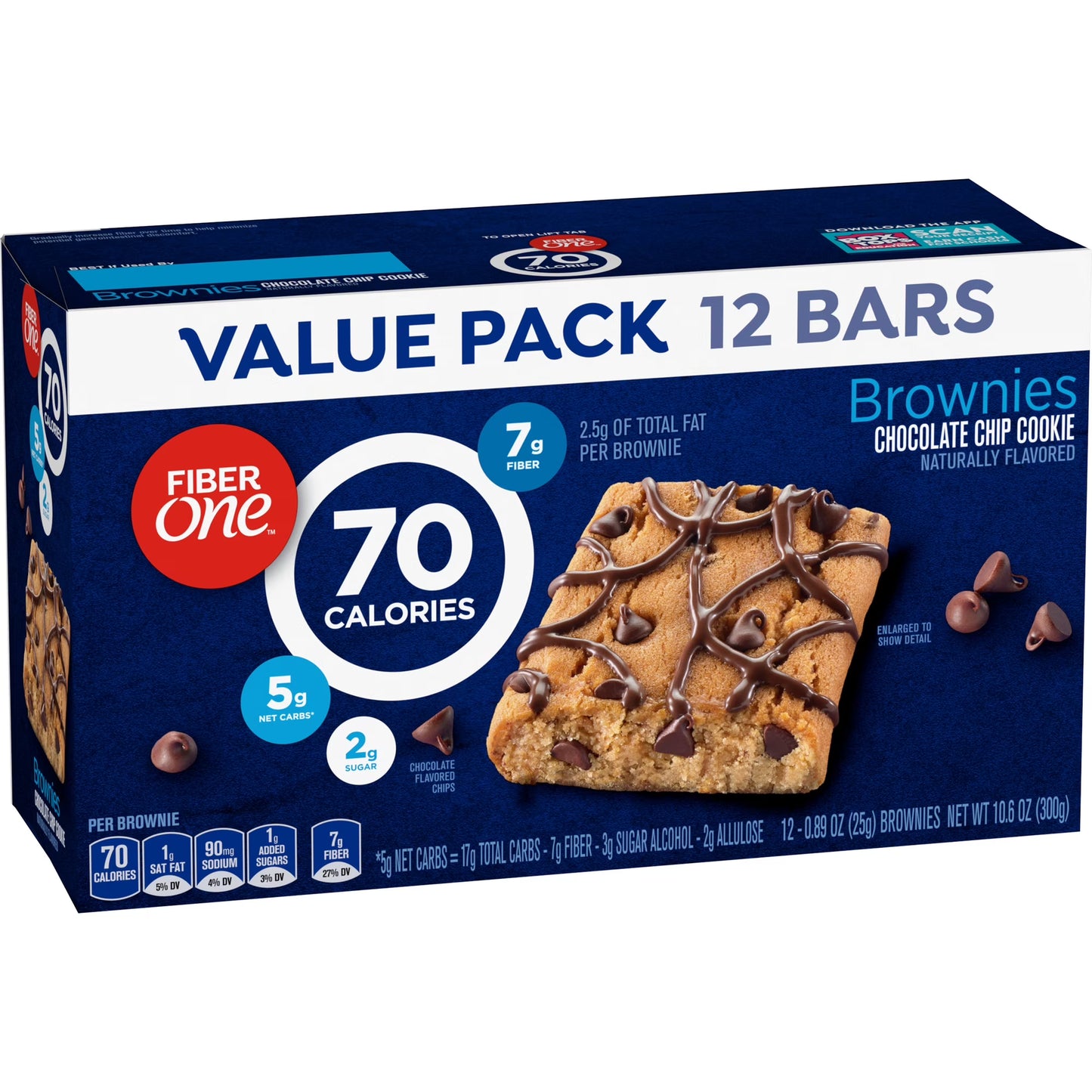 Fiber One 70 Calorie Brownies, Chocolate Chip Cookie, 2g Sugar, Value Pack, 12 Count, 10.6 oz