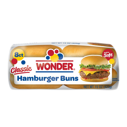 Wonder Bread Classic Extra Soft White Bread Hamburger Buns, 15 oz, 8 Ct, Shelf-Stable