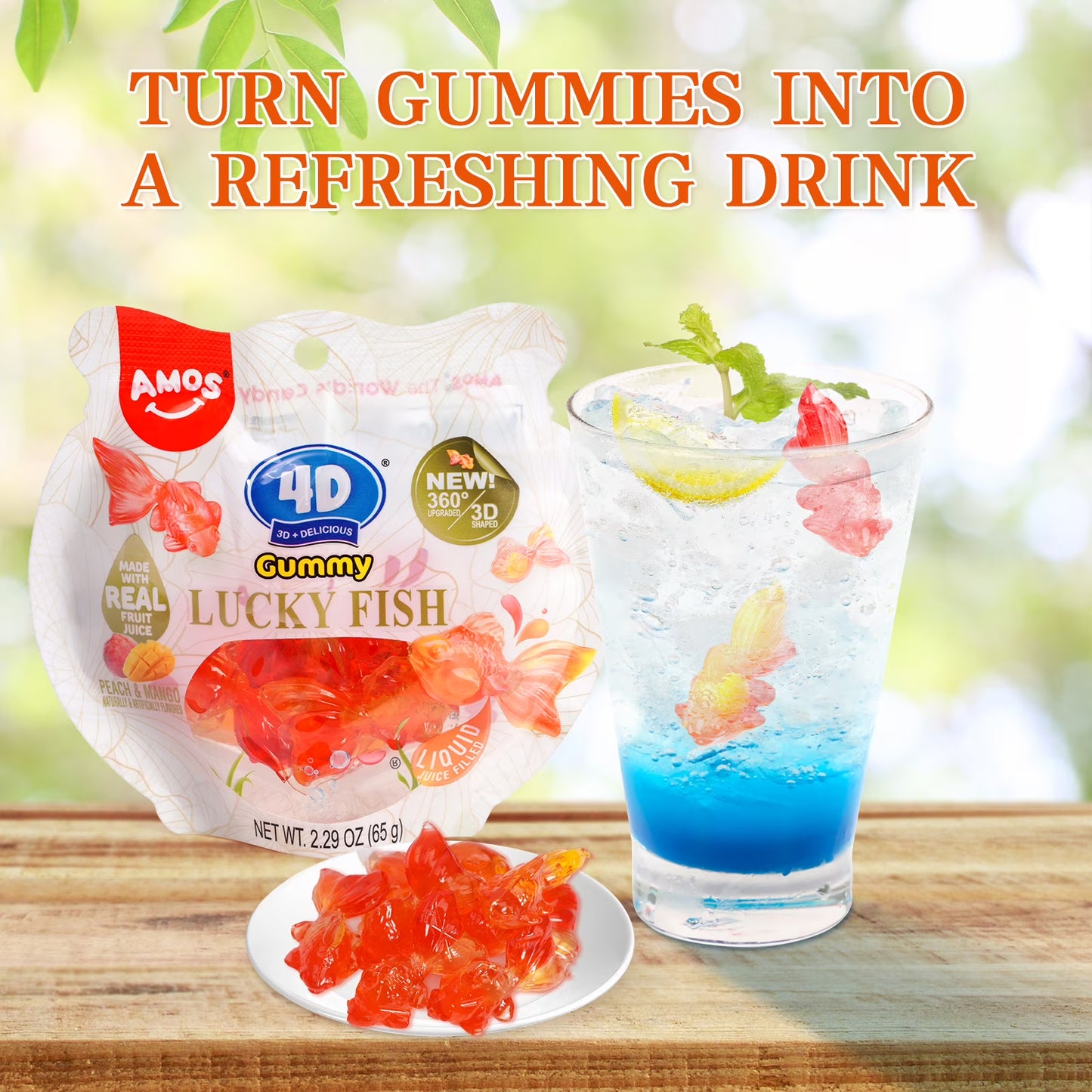 AMOS 4D Gummy Golden Fish Peach & Mango Candy, Made with Real Fruit Juice 2.29 oz (Pack of 4)