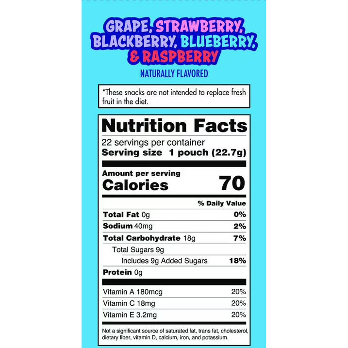 Dole Fruit Snacks, Mixed Berries Flavored, Big 9 Allergen Free, Dye Free, Gluten Free, Gelatin Free, Lunch Snacks 22 Count