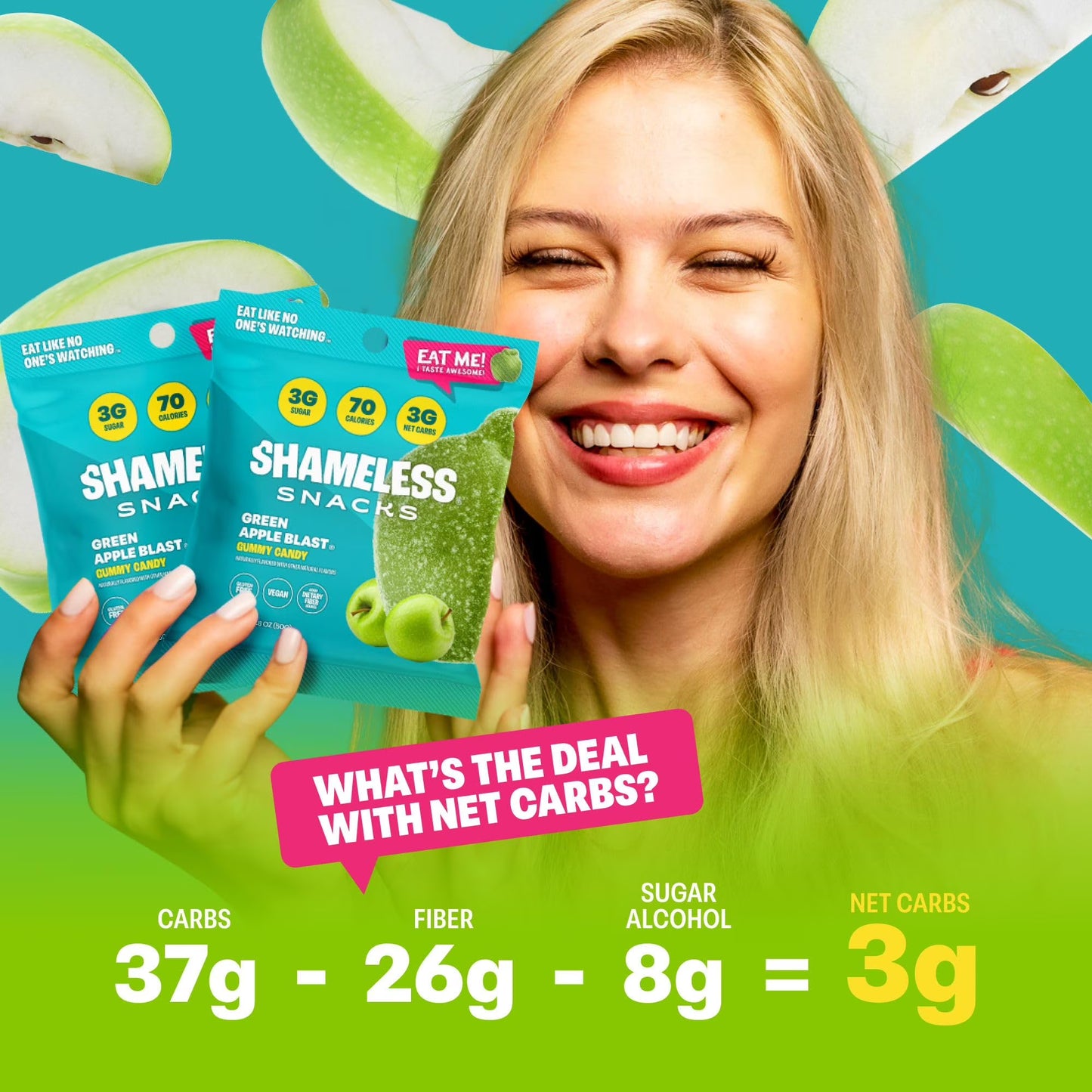 Shameless Snacks Green Apple Blast - Sour Candy & Fruit Snacks, Sour Apple Gummy Candy, Keto Snacks in Bulk, 3g Sugar Gluten Free Vegan for Kids & Adults
