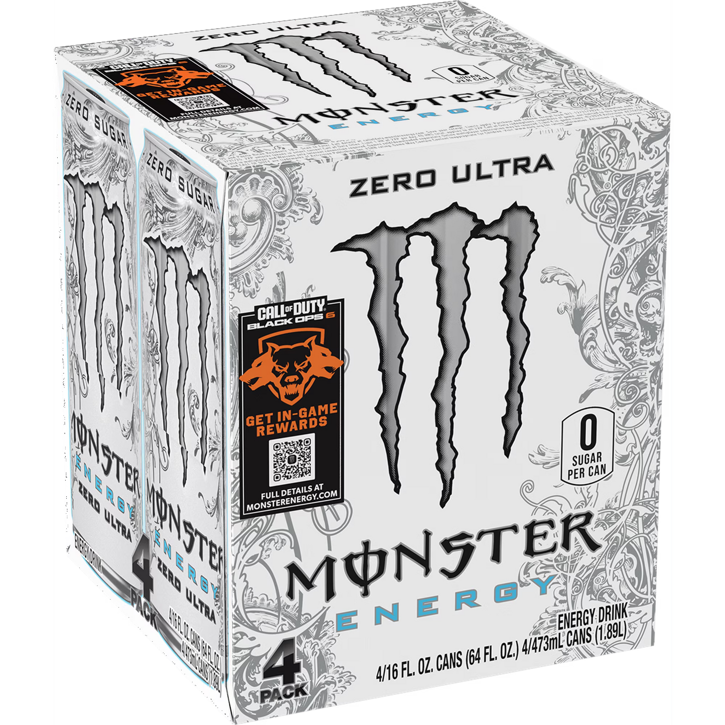 Monster Energy, Zero Ultra, Sugar Free Energy Drink, 4 Pack - 16 Fl Oz