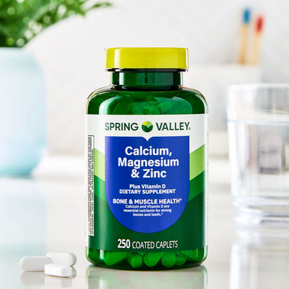 (2 pack) Spring Valley Calcium, Magnesium & Zinc Plus Vitamin D3 Coated Caplets, 250 Count