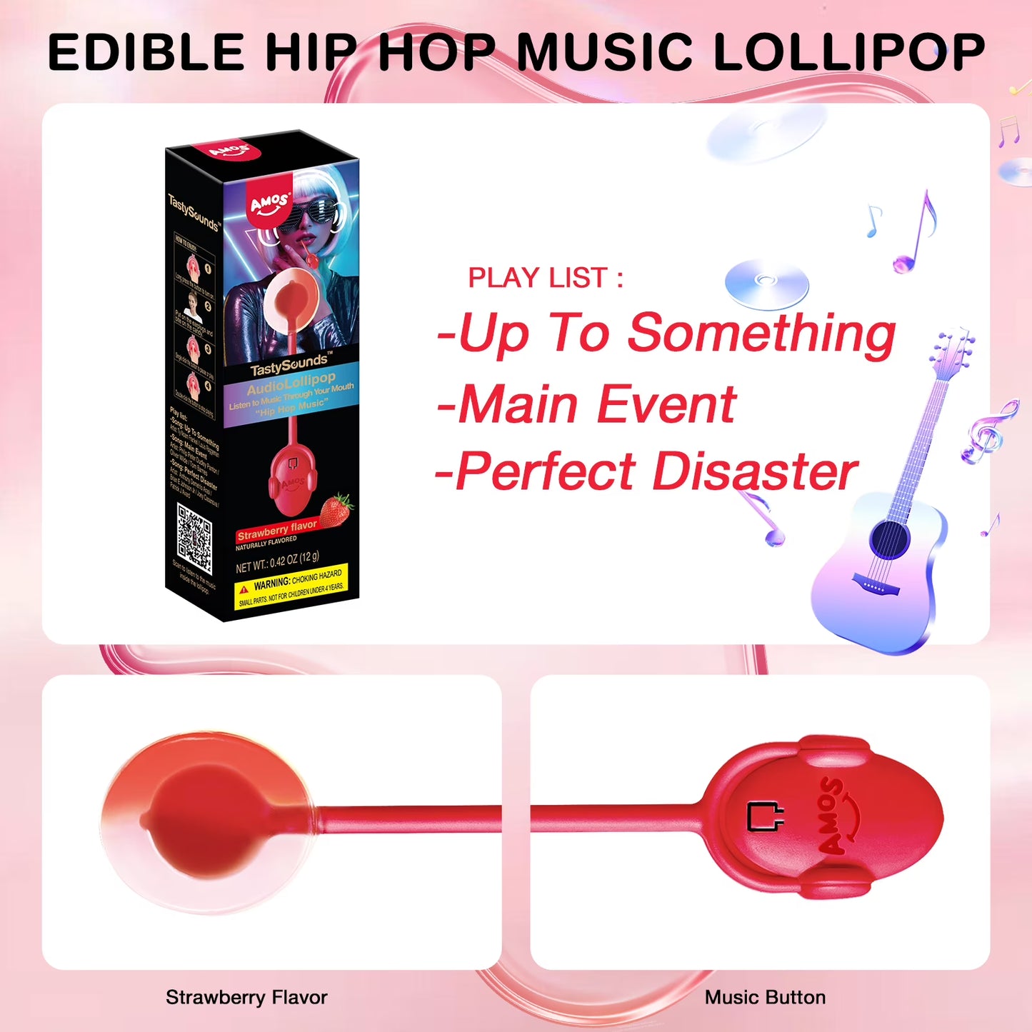 AMOS Music Lollipop Strawberry Audio Suckers, Fat Free Creative Gift Heart Shape Candy