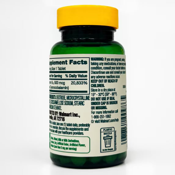 (3 pack) Spring Valley Vitamin B12 Supplement, 500 mcg, 100 Count, Tablets for Metabolism Support