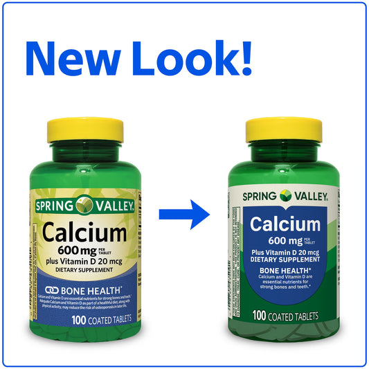 Spring Valley Calcium Plus Vitamin D Tablets, 600 mg, 100 Count, Dietary Supplement