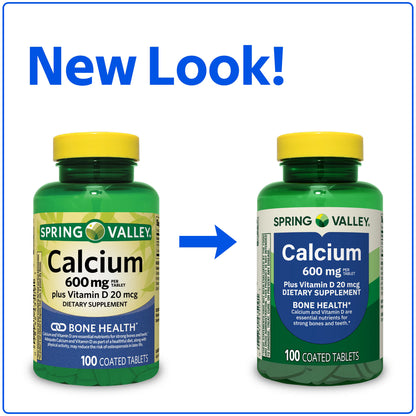 (3 pack) Spring Valley Calcium Plus Vitamin D Tablets, 600 mg, 100 Count, Dietary Supplement