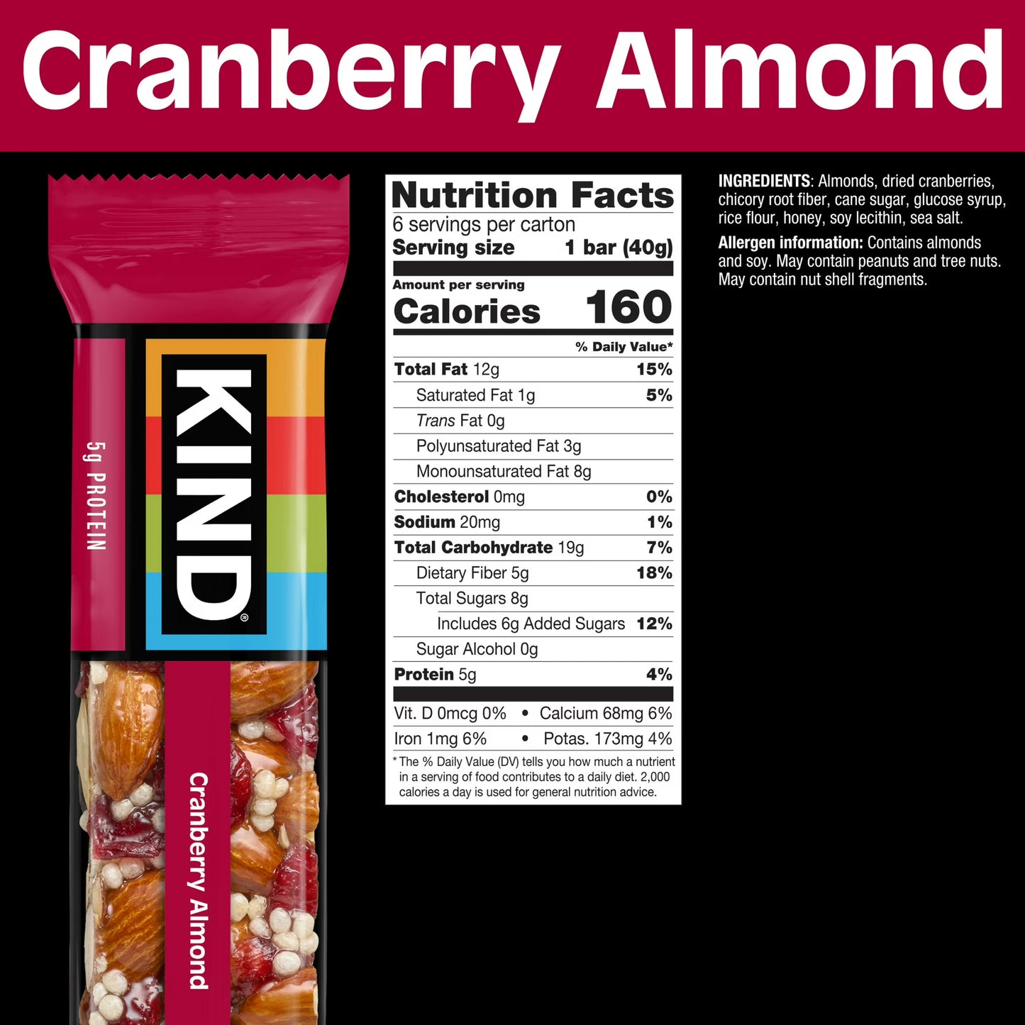 (6 pack) KIND Gluten Free Cranberry Almond Snack Bars, 1.4 oz, 6 Count, Cardboard Box