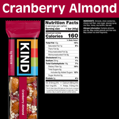 (6 pack) KIND Gluten Free Cranberry Almond Snack Bars, 1.4 oz, 6 Count, Cardboard Box