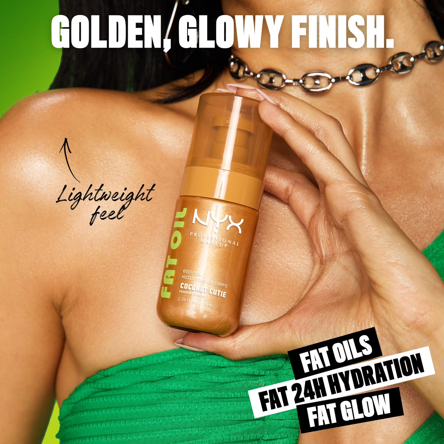 NYX Professional Makeup Fat Oil Hydrating Body Oil for Body Glow with Avocado Oil & Vitamin C, Coconut Cutie, 2.36 fl oz