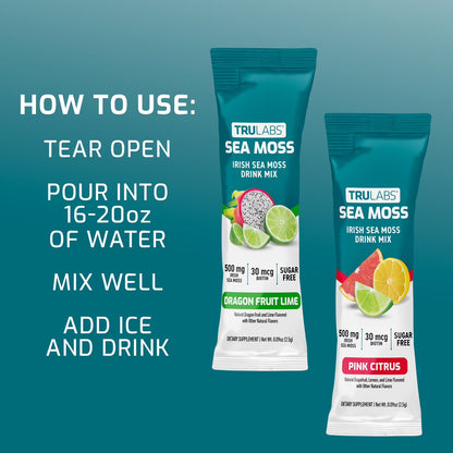TruLabs Sea Moss Drink Mix Powder Pink Citrus and Dragon Fruit Lime 30 ct.