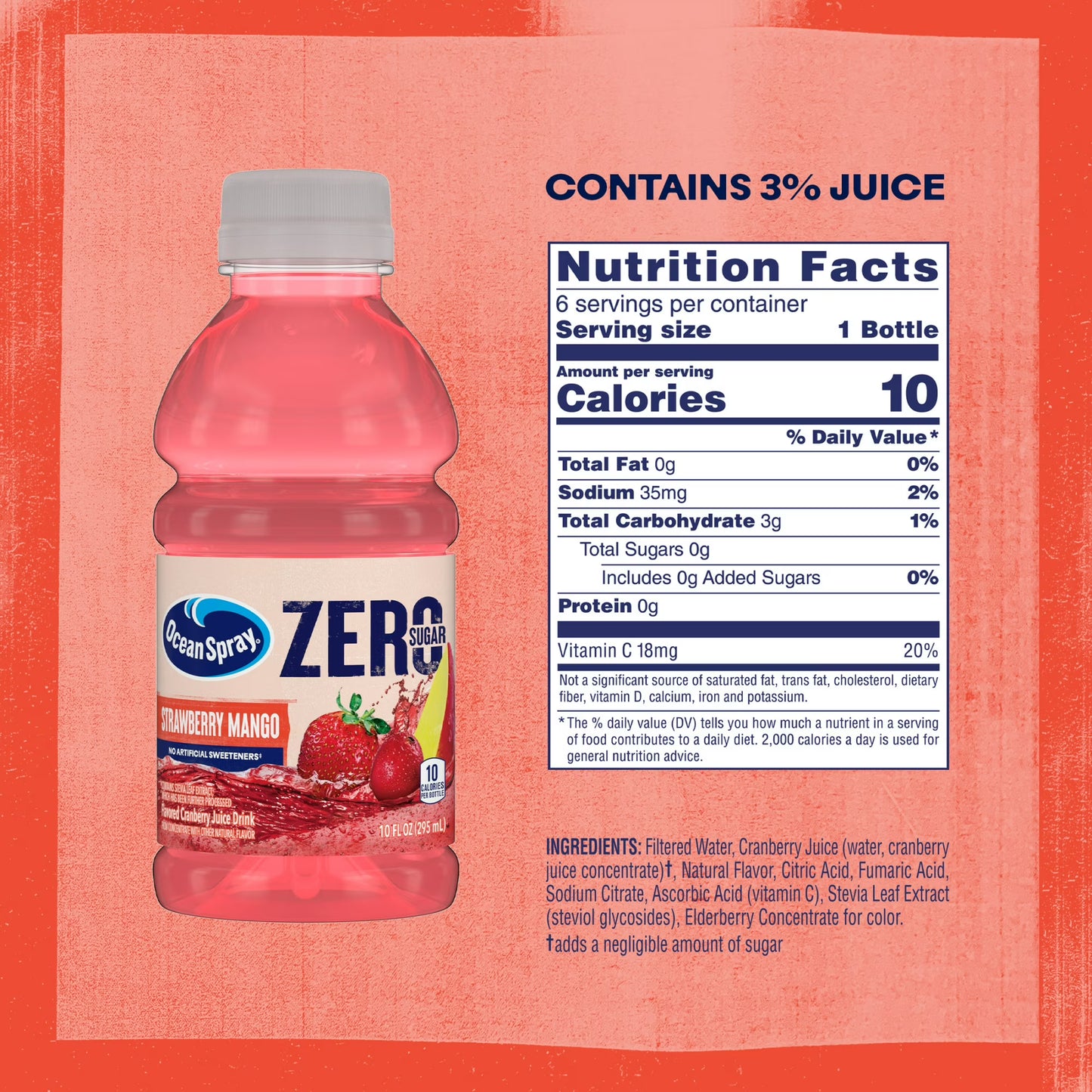 Ocean Spray ZERO Sugar Strawberry Mango Juice Drink, 10 Fl Oz Bottle, 6 Count