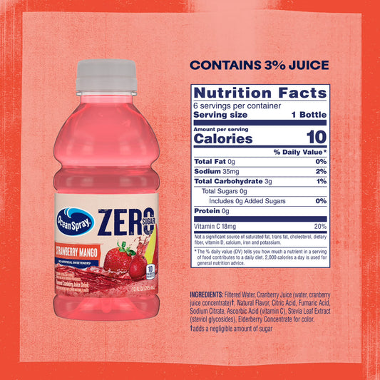Ocean Spray ZERO Sugar Strawberry Mango Juice Drink, 10 Fl Oz Bottle, 6 Count