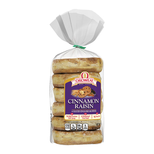 Oroweat Cinnamon Raisin English Muffins, 6 count, Pre-sliced English Muffins, 14.5 oz Bag