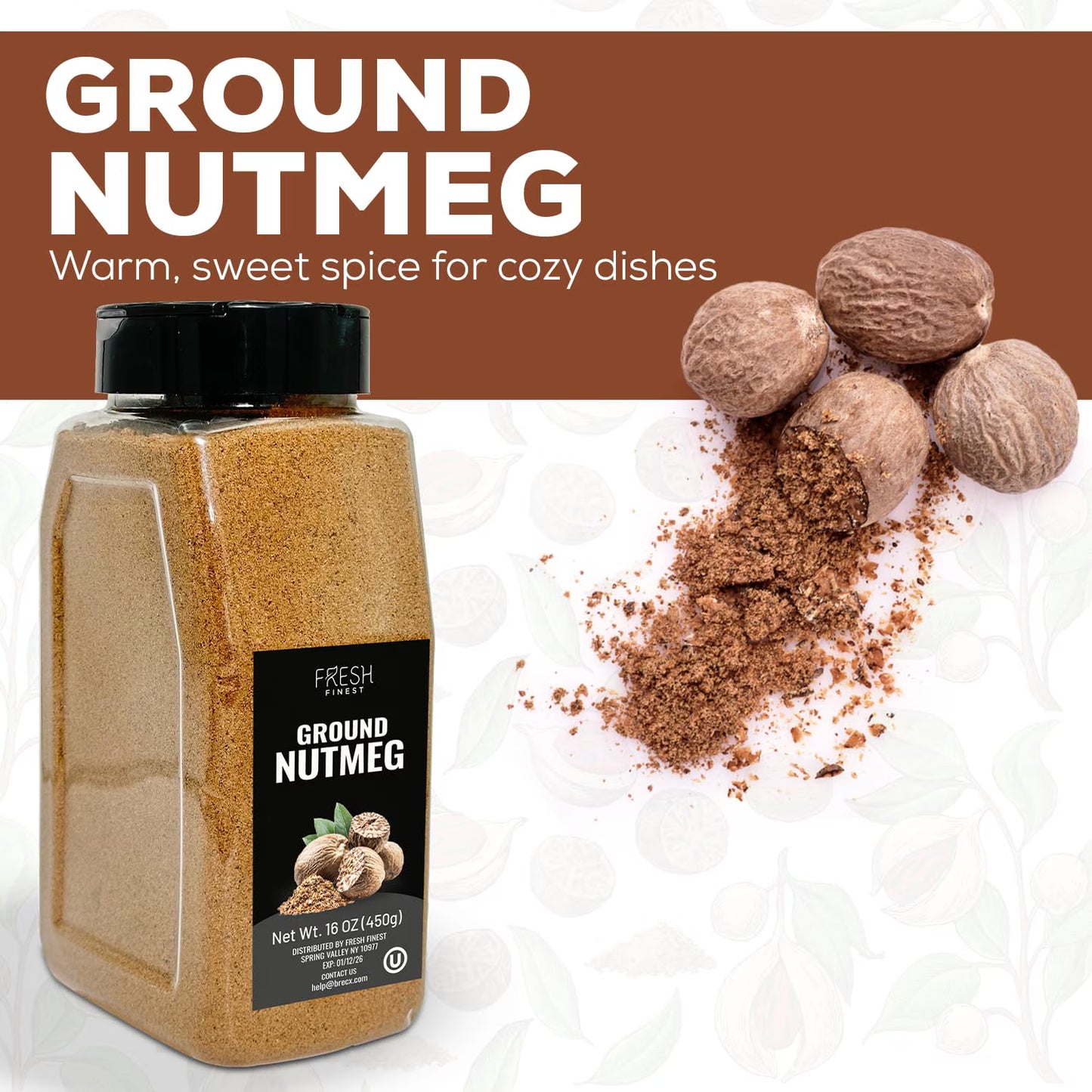 Fresh Finest Ground Nutmeg Powder, Best for Sweet & Savory Recipes, Premium Spice for Cooking and Baking, Kosher & Non-GMO - 450G (16 oz)
