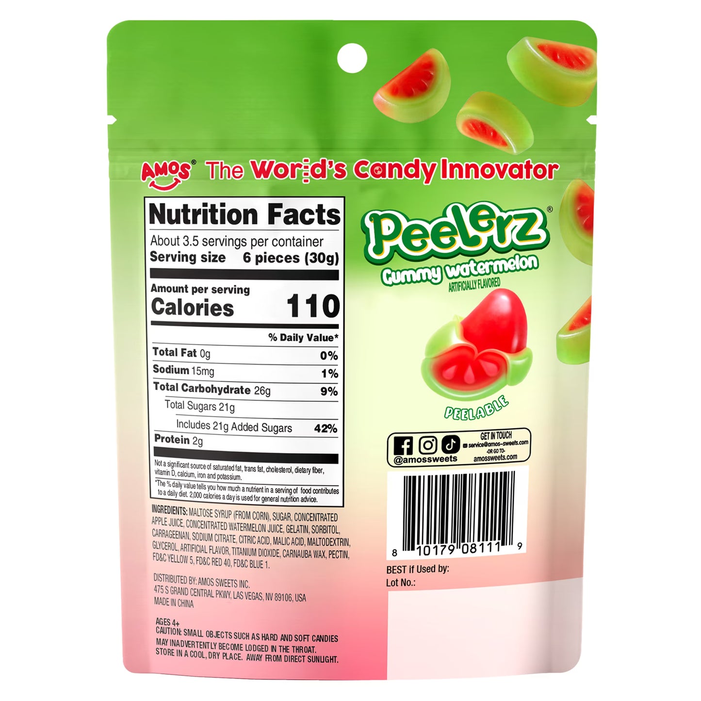AMOS Peelerz Watermelon, Peelable Gummy Candy, Real Fruit Flavor, 1 Count, 3.5 oz Bag